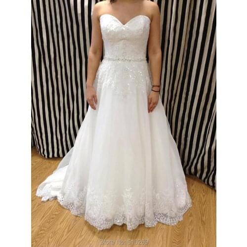 2020 Real Bride Sweetheart Glimmering Metallic Lace Appliques Beaded Sash A Line Wedding Dress