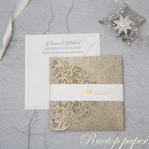 50pcs Sliver/Gold Wedding Invitations Card Glitter paper Laser Cutting Wedding Invitation Flowers Hollow Wedding Greeting Cards