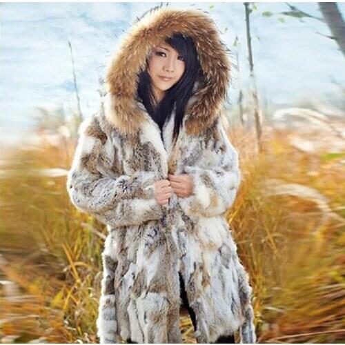 Free Shipping Genuine Rabbit Fur Coat with hood raccoon fur rabbit fur jacket Women Winter Rabbit Fur Waistcoat plus size