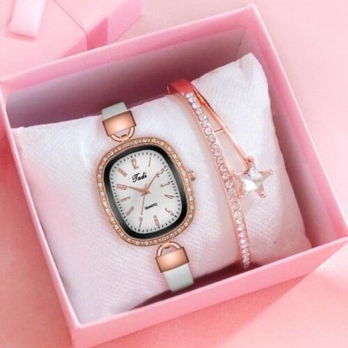 Tadi Brand Women Oval Arabic Numbers Bracelet Watch Set Luxury Leather Ladies Rhinestone Quartz Watch Dropshipping Clock