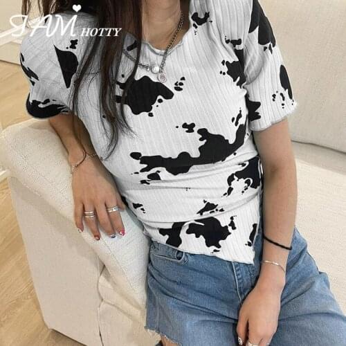 Harajuku Cow Print Ribbed Crop Top Tee Women 2000s Aesthetic Ruched Casual Basic T Shirt Korean Irregular Shirts Summer Iamhotty