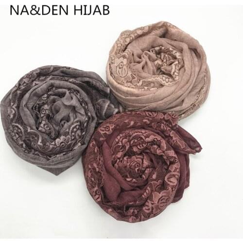 Hi-Q New fashion solid plain one-side lace women scarf Muslim hijabs shawls bandana foulard femme wraps 10pcs fast shipping