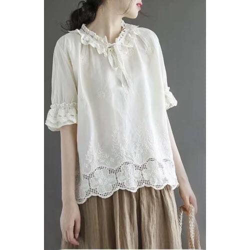 Johnature Women's Shirts With Embroidery