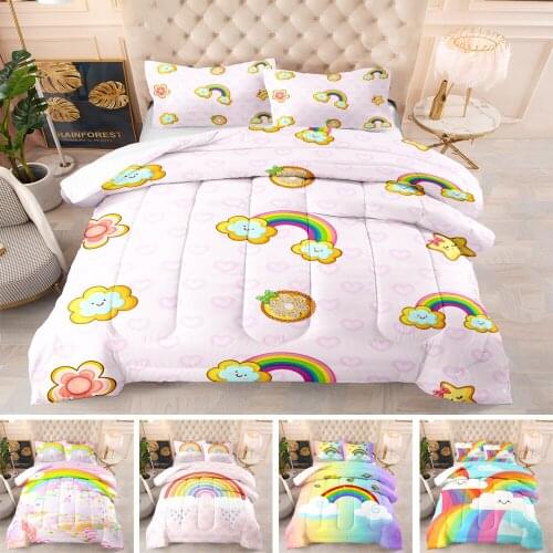 2/3 Piece Set 3D Printing Cloud Rainbow Pattern Sanding Bedding Set Quilt Cover Qillowcase Extra Large Full Size Bedding