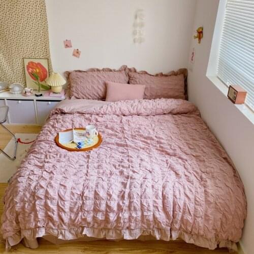 White Pink Lace Design Washed Cotton Supple Bedding set Duvet Cover Bed Linen Fitted Sheet Pillowcases King Queen size 4PCS