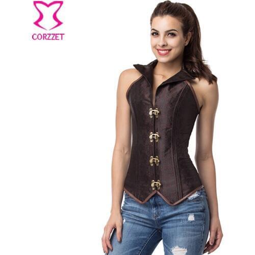 Brown Brocade Halter Collar Steel Boned Gothic Corset Overbust Bustier Steampunk Costume Sexy Corpete E Corseletes Espartilhos