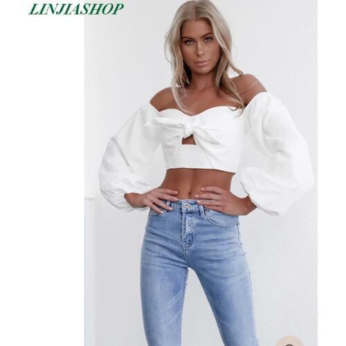 Vintage Sexy White Cotton Crop Top Summer Tank Tops Bow Women Long Puff Sleeve Designer Solid Bloggers Fashion Camis