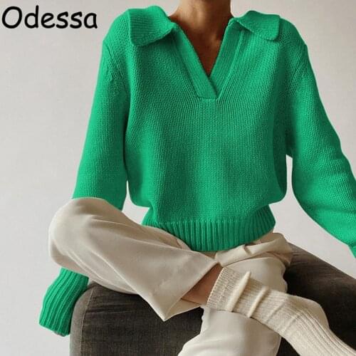 Odessa Fashion Korean Women Casual Knitted Pullovers Tops Y2K Long Sleeve Collar Loose 2022 Winter Autumn Black Green Sweaters