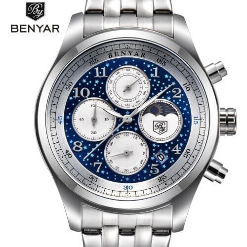 Benyar Quartz Wrist Watch Men Luxury Stainless Steel Classic Blue Star Dial Calendar Male Chronograph Analog Clock Mens Watches