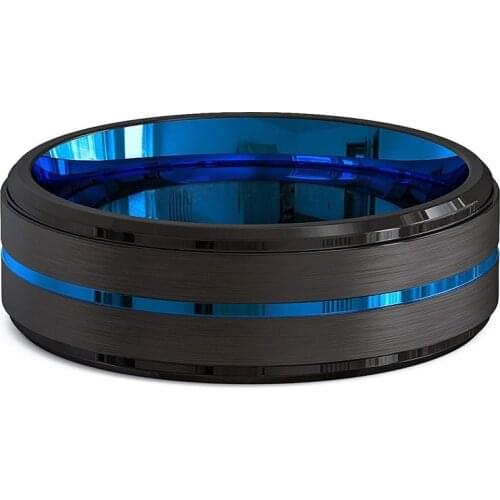 Men Ring Fashion 8Mm Black Brushed Ladder Edge Stainless Steel Ring Blue Groove Men Wedding Ring Gifts for Men Surprise Gift