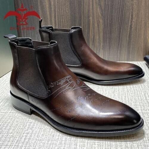 We will win Boots! 100% Genuine Leather Boots Men Chelsea Boots Handmade Martens Shoes in Patina Coffee Brown Color