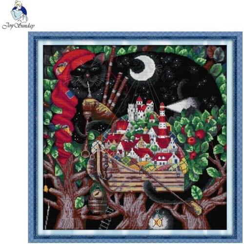 Joy Sunday The flute at night Cross stitch kit DIY black cat pattern 11CT 14CT counted needlework embroidery set Home decoration