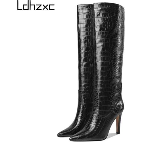 LDHZXC Plus Size 34-43 New Brand Women Boots Thin High Heels Autumn Winter Boots Cowboy Western Knee High Boots Women Shoes