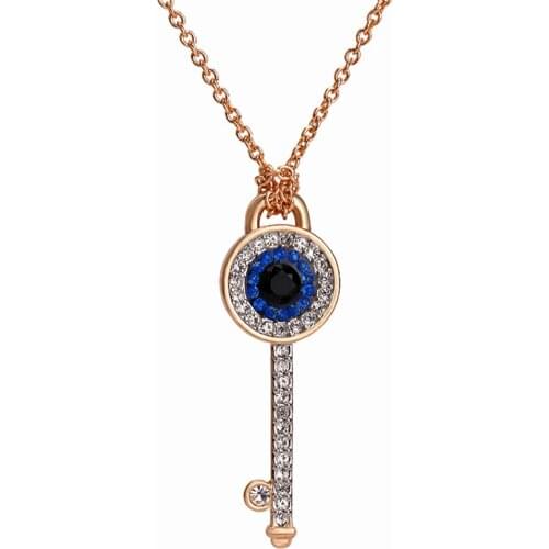 316L Stainless Steel Rose Gold Blue Crystal Ladies Key Necklace Fadeless Wedding Necklace