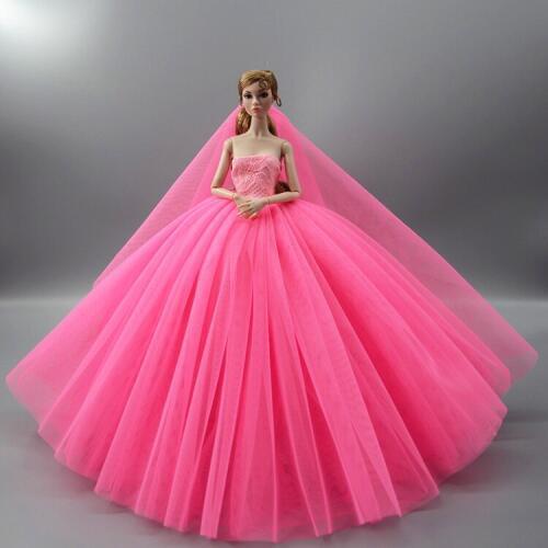 Dress + Veil / Hot Pink Voile Party Dress Evening Gown Lace skirt Clothing Outfit For 1/6 BJD Xinyi FR ST Barbie Doll