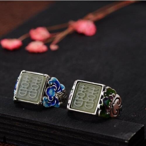S925 silver inlaid retro bluing process Female classical open happy character silver ring