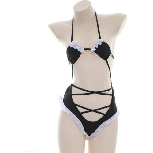 Sexy Lolita Dress Student Maid Costume Uniform Lingerie Exotic Costumes Ruffled Bikini Hanging Neck Underwear Suit