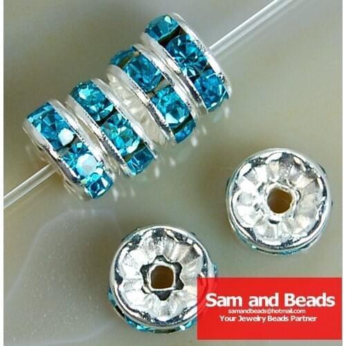 Top quality ! Crystal Rhinestone Rondelle Spacer Beads Silver Free Shipping 100Pcs Wholesale Aquamrine