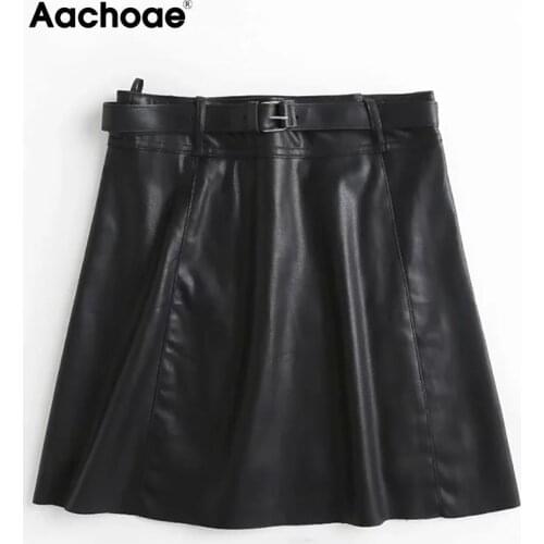 Aachoae Chic Women Black PU Faux Leather Skirt With Belt High Waist Ladies Mini Skirt Female A Line Fashion Skirts 2020