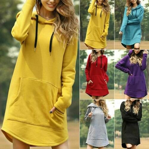 Women Hoody Hooded Sweatshirt Mini Hoodie Dress Long Sleeve Pullover Laides Jumper Top