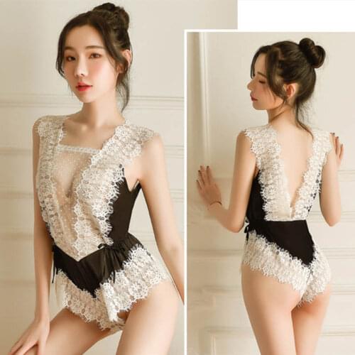 2020 Erotic lingerie womens sexy deep V open back see-through lace trim body dress uniform temptation