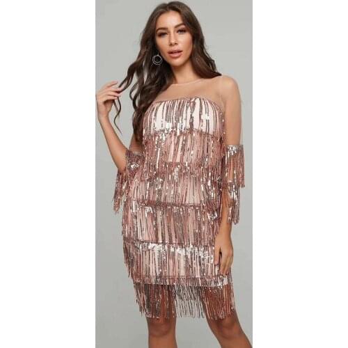 Elegant Women Mesh Long Sleeve Round Neck Fashion Tassel Sequined Dress Bandage Sexy Bodycon Summer Party Short Vestidos 2019