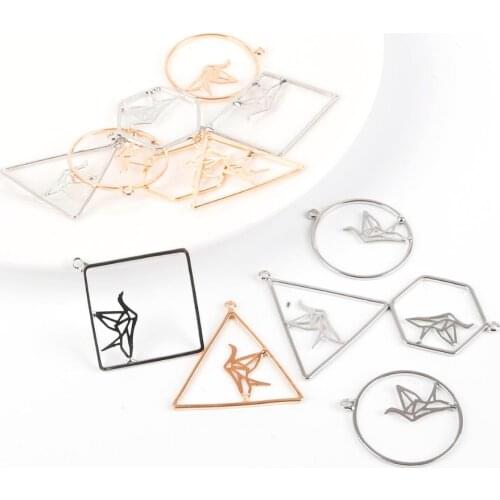 2Pcs/Lot Hollow Paper Crane Round Square mix shape Zinc Alloy Metal Pendant 26-37mm gold rhodium Charms for DIY Earring Jewelry