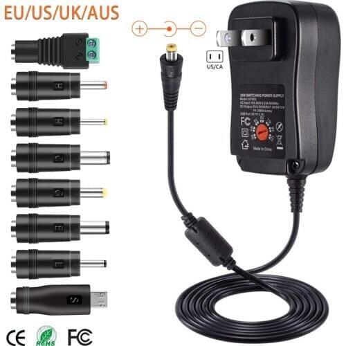30W US/UK/AU/EU Universal Power Adapter 3V 4.5V 5V 6V 7.5V 9V 12V AC DC Charger Converter + 5V 2.1A USB Port with 8Pcs Jack