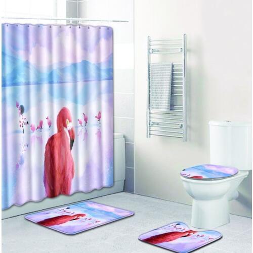 4pcs/lot Flamingo Polyester Pink Shower Curtain Washable Decor Colorful Curtains for Bathroom Shower +Toilet three piece carpet