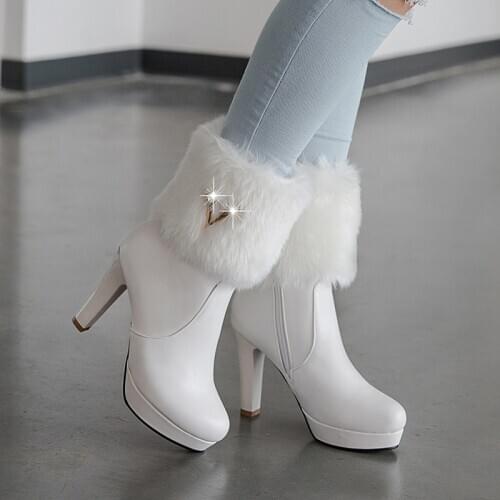 Bling High Heels Rabbit Fur Boots Women Plush Warm Platform Shoes Elegant Crystal Lady Wedding Party High-heeled Ankle Boots