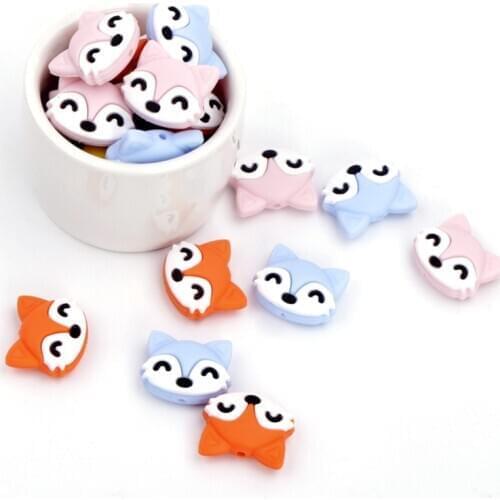 Chenkai 50PCS Fox Shaped Baby Silicone Beads Teether Baby Cartoon Teething For Baby Nursing Teething Necklace Pacifier Clips