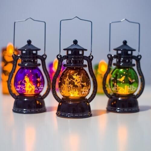 Halloween LED Decorative Lamp Hanging Retro Hurricane Lantern Hand-held Battery Operated Indoor Festive Home Decoration