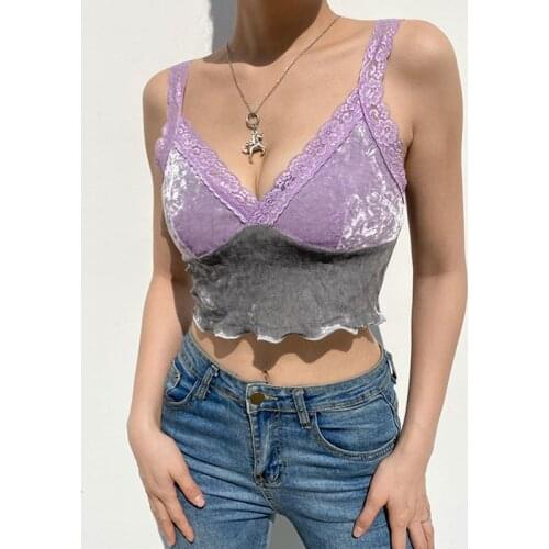 E Girl Y2k Purple Velour Corset Tops Women Summer Sexy Deep V Neck Lace Patchwork Cottagecore Grunge Fairy Aesthetic Crop Top