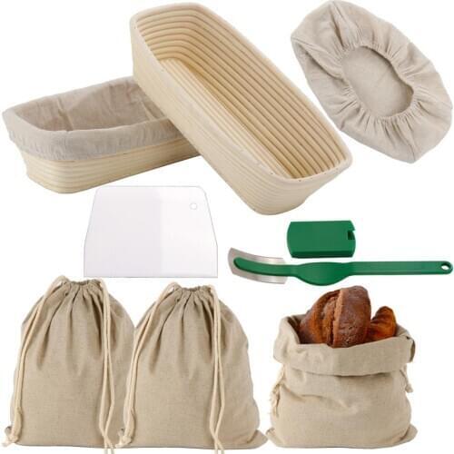 Pack 2 Bread Proofing Basket Banneton Proving Basket Home Bread Baking Mold Tools with Cloth Liner Storage Bags Dough Scraper