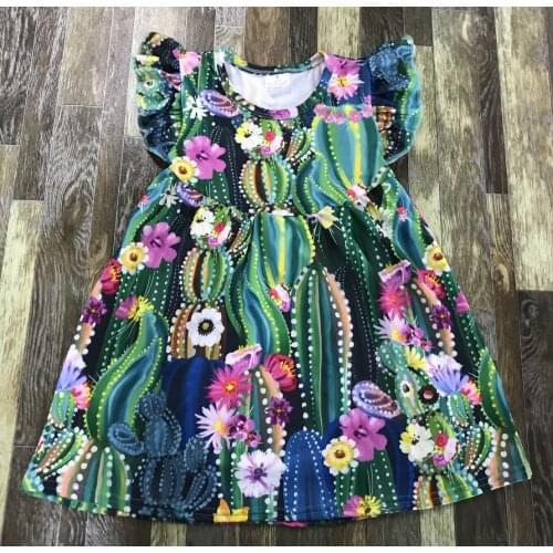 Fashion Kids clothing Little Baby Girl green cactus floral summer dress