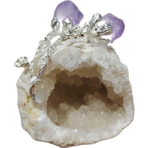 1pcs Natural Agate Geode Crystal Hole Mineral Specimen Contains Metal flower Unique Home Furnishing Collection