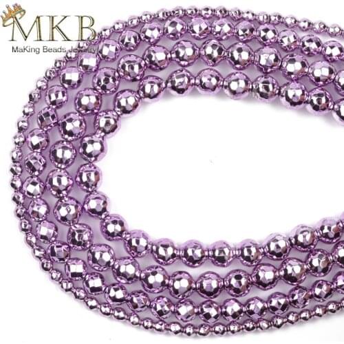 Natural Light Purple Nano Vacuum Plating Faceted Hematite Stone Round Spacer Beads For Jewelry Making Diy Bracelet15" 3mm-10mm