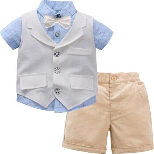2021 new boys' BOW TIE LAPEL Short Sleeve Plaid Shirt Shorts two piece boys' temperament fashion gentleman evening dress