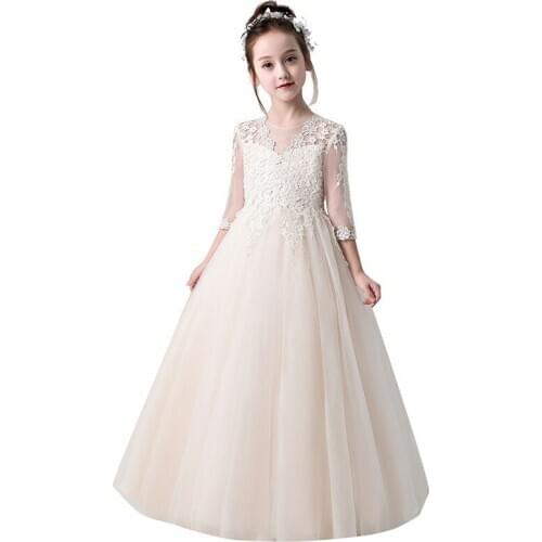 New First Communion Dresses for Girls Champagne V neck Ball Gown Lace Appliques Flower Girl Dresses for Weddings
