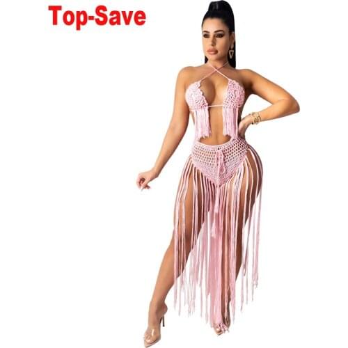 Vacation Outfits Fashion Sexy Knitted Crochet Two Piece Set Women Summer Tassels Crop Top Long Skirt Ladies Beachwear Clothing