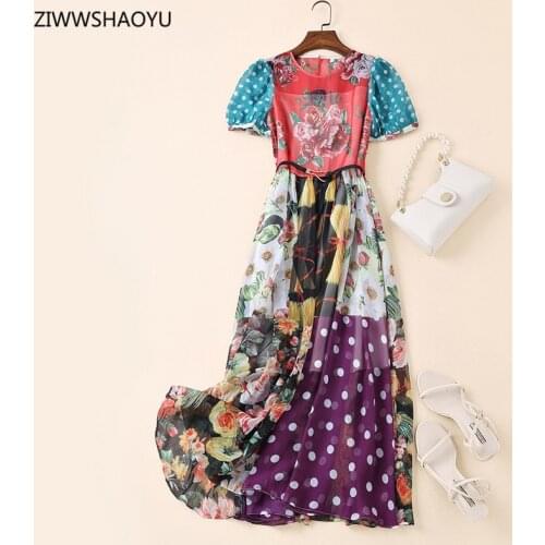 ZIWWSHAOYU Fashion Summer Women Elegant Midi Dress O-Neck Short Sleeve Dots Floral Printing Sashes Slim Prom A-Line Dresses