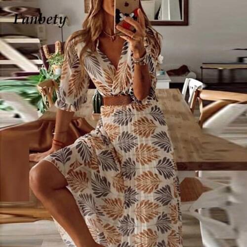 Casual V Neck Leaf Pattern Party Dresses Women Fashion Short Sleeve Slim Party Dress 2021 Summer Elegant Boho Print Long Dress