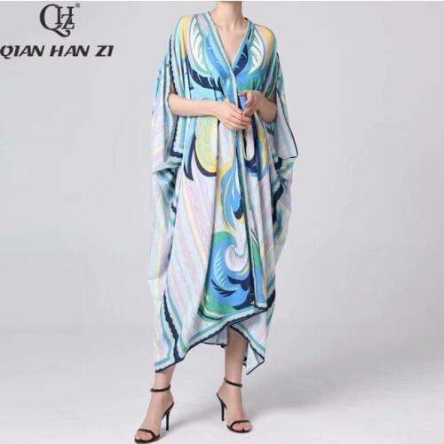 Qian Han Zi newest 2019 Designer fashion runway Maxi dress Womens V-neck bat sleeve Pattern print Vintage loose long dress