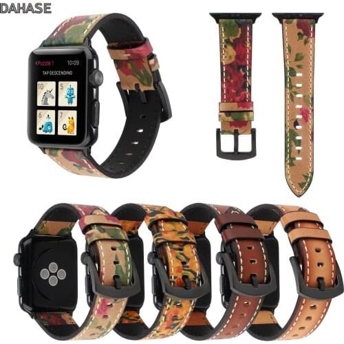 Retro Genuine Leather Watchband For Apple Watch 6 5 4 Strap 40mm 44mm Flower Printed Band For iWatch 1 2 3 38mm 42mm Bracelet