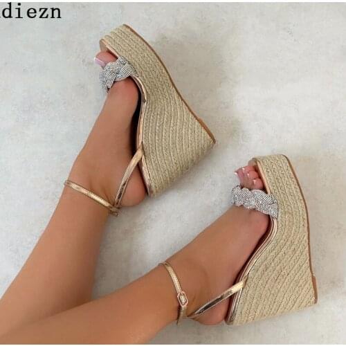 Big Size 42 Women Wedges Pumps Rhinestones High Heels Sandals Ladies Weave Summer Footwear Rubber Platform Female Shoes