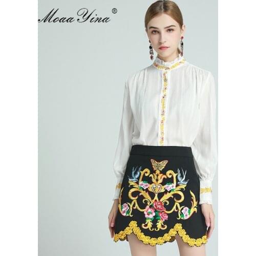 MoaaYina Fashion Designer Set Spring Womens Long sleeve Blouses Tops+Flowers Embroidery Skirt Two-piece sets
