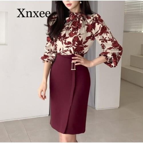 Elegant Spring Women Suits Long Lantern Sleeve Shirt Slim Fit Hip Mini Skirt Two Piece Set Print Floral Print Office Burgundy