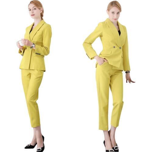 Womens Yellow suit Sets female fashion slim suit Blazers&pencil pants two sets Office lady Professional work clothes pant suits