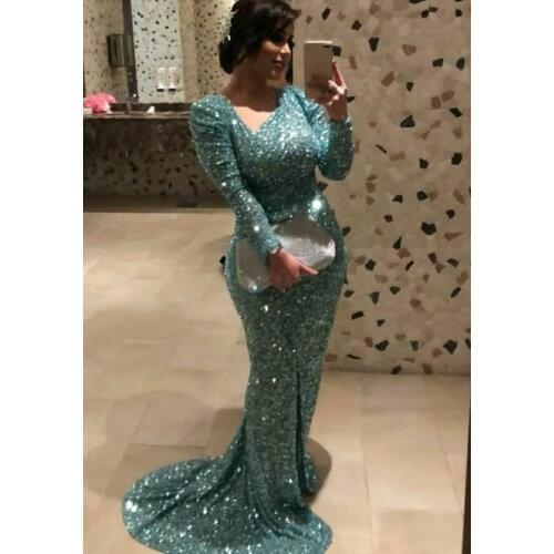 Women Long One Shoulder V-Neck Sequin Arabic Prom Dresses Mermaid Robe De Soiree Floor Length Sweep Train Formal Party Dresses