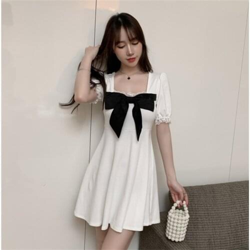 Japanese Summer Lolita Square Collar Lace Ruffle Slim Dress Sweet Soft Girl Bow Puff Short Sleeve Cute Mini Female Dresses
